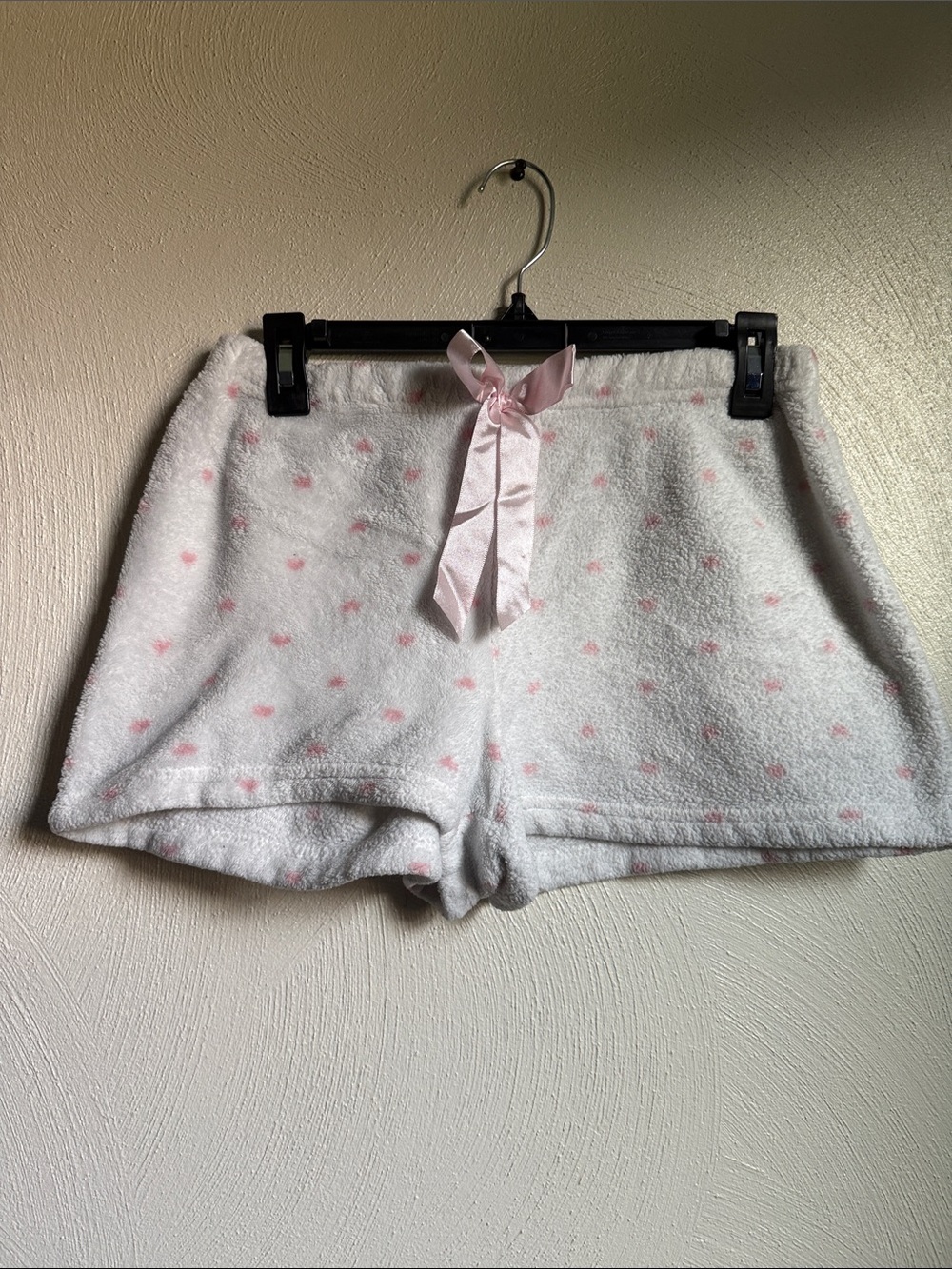 Cozy Plush White Shorts with Pink Polka Dots and Satin Bow